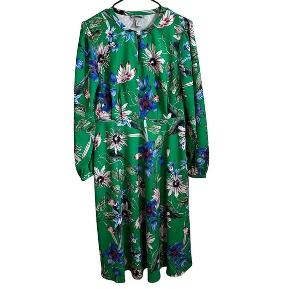 H&M Green Floral Long Sleeve Midi Dress Romantic‎ Spring Summer Occasion Size 12 - Picture 1 of 9